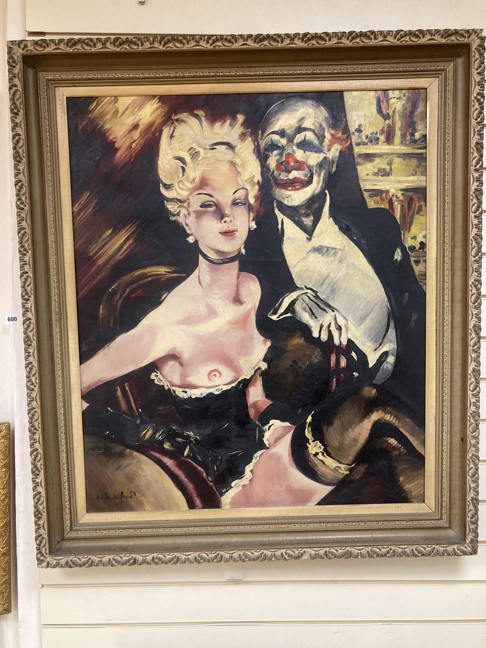 German School, oil on canvas, Show girl and gentleman with clown face, indistinctly signed, 95 x 80cm